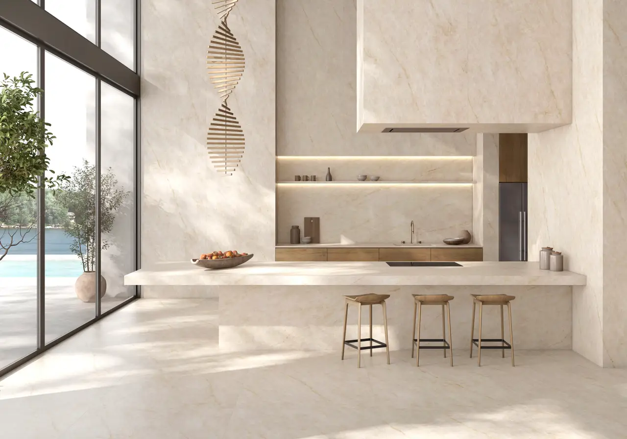 Ambiente real con porcelánico Arklam Taj Mahal 6 mm — proyecto de interiorismo